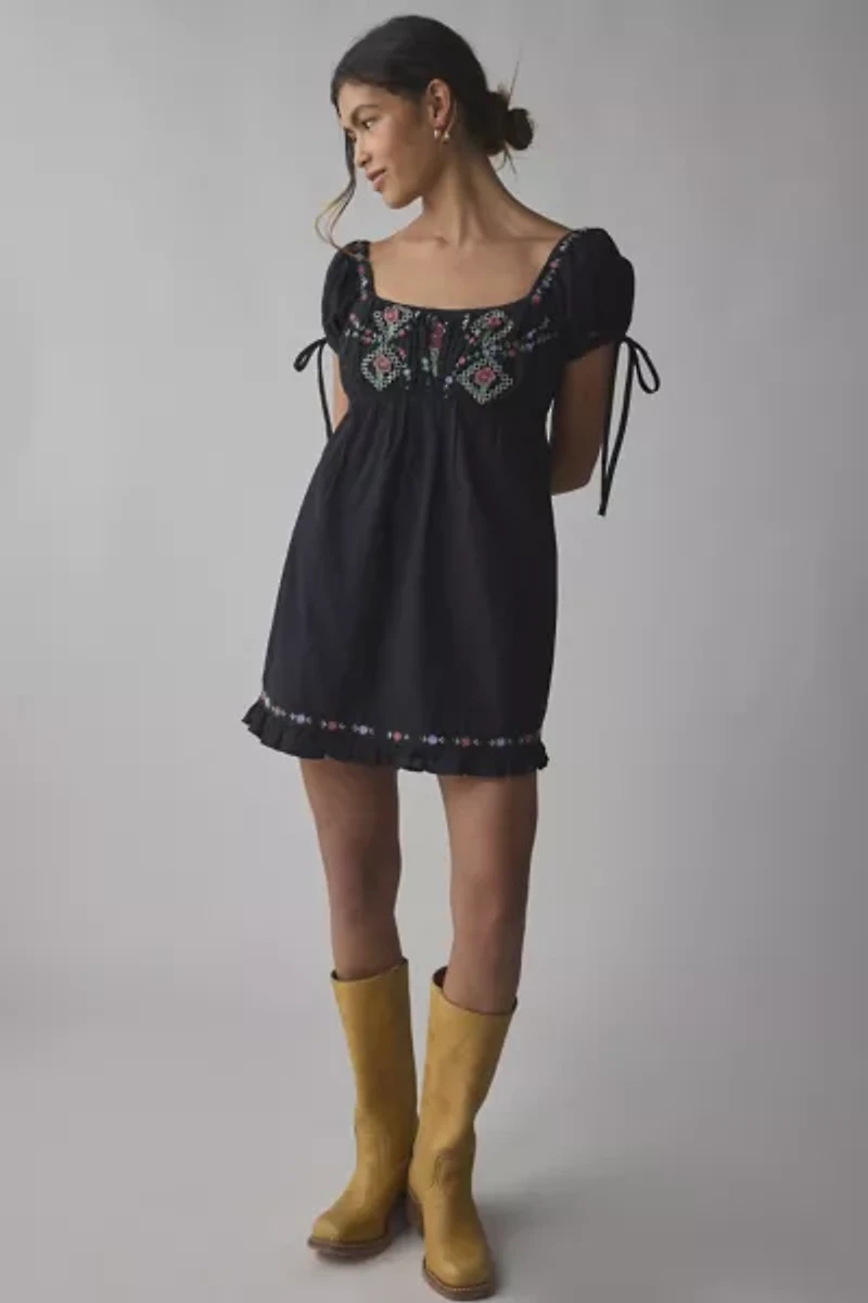 Kimchi Blue Marcella Embroidered Tie-Back Babydoll Mini Dress