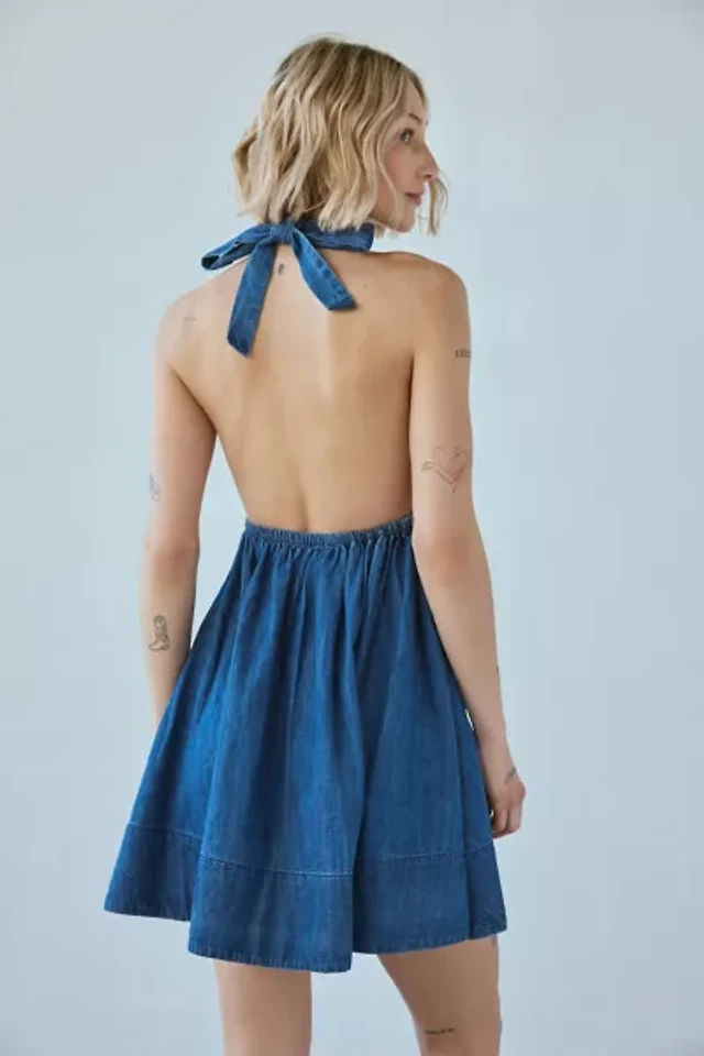 bdg iris smocked plunging v-neckline halter mini dress BDG Iris Smocked Plunging V-Neckline Halter Mini Dress in Blue