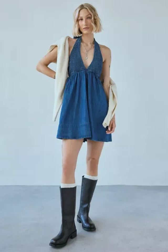 BDG Iris Smocked Plunging V-Neckline Halter Mini Dress | The Summit BDG Iris Smocked Plunging V-Neckline Halter Mini Dress | The Summit