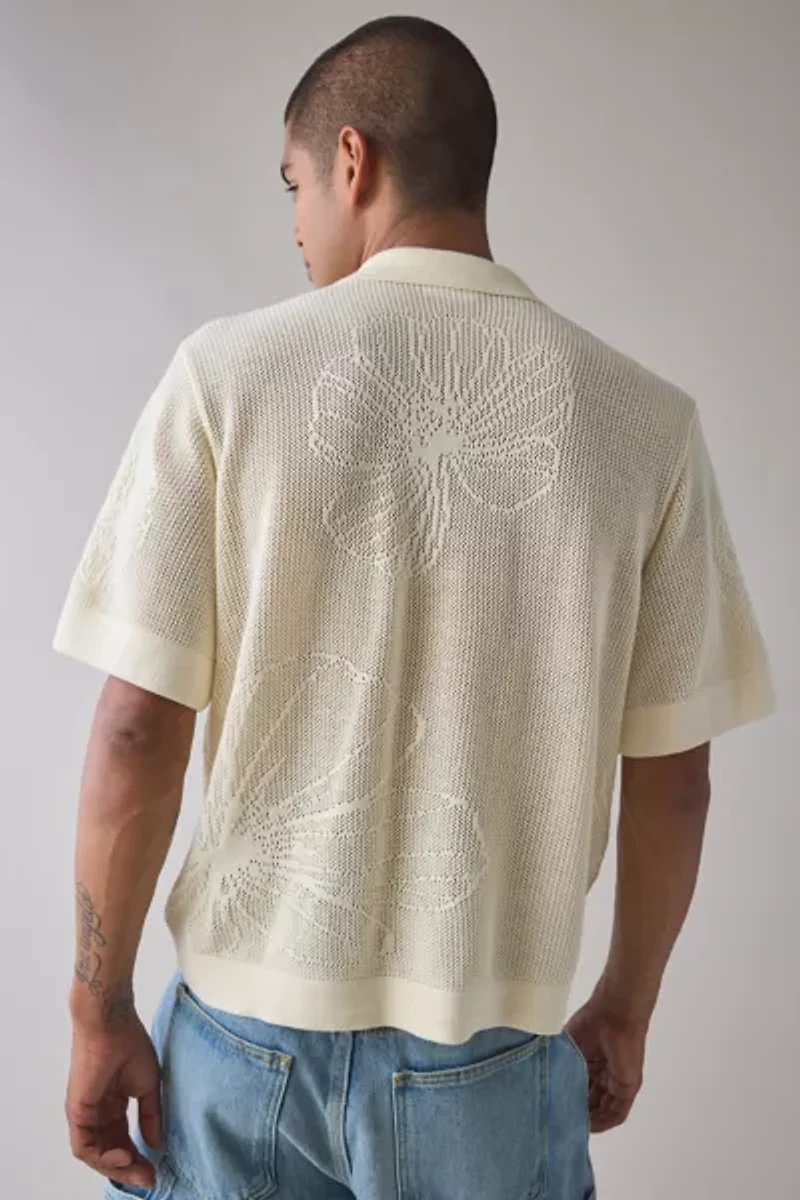 OBEY UO Exclusive Floral Open Knit Short Sleeve Polo Sweater