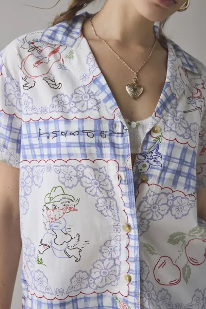 BDG Asher Printed Souvenir Short Sleeve Button-Down Shirt