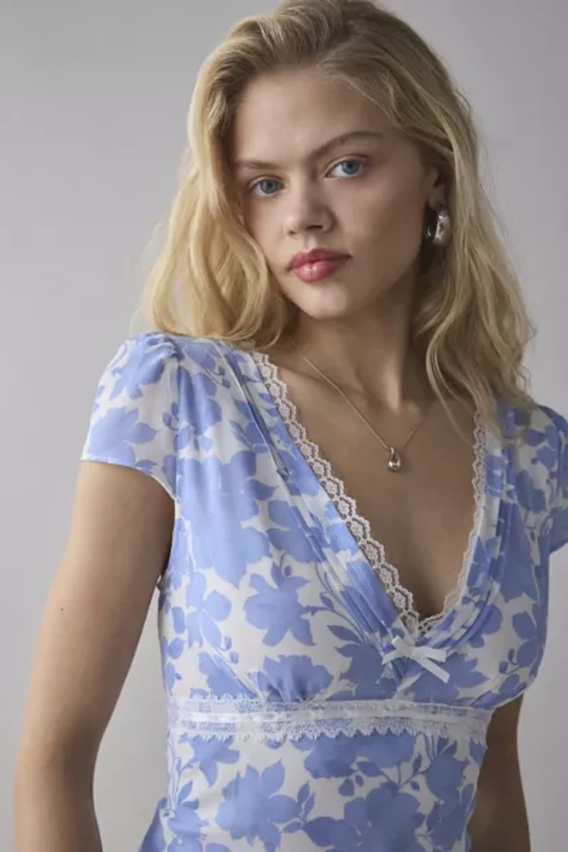 Glamorous Blue Floral Satin Lace-Trim Slip Mini Dress
