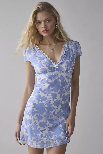 Glamorous Blue Floral Satin Lace-Trim Slip Mini Dress
