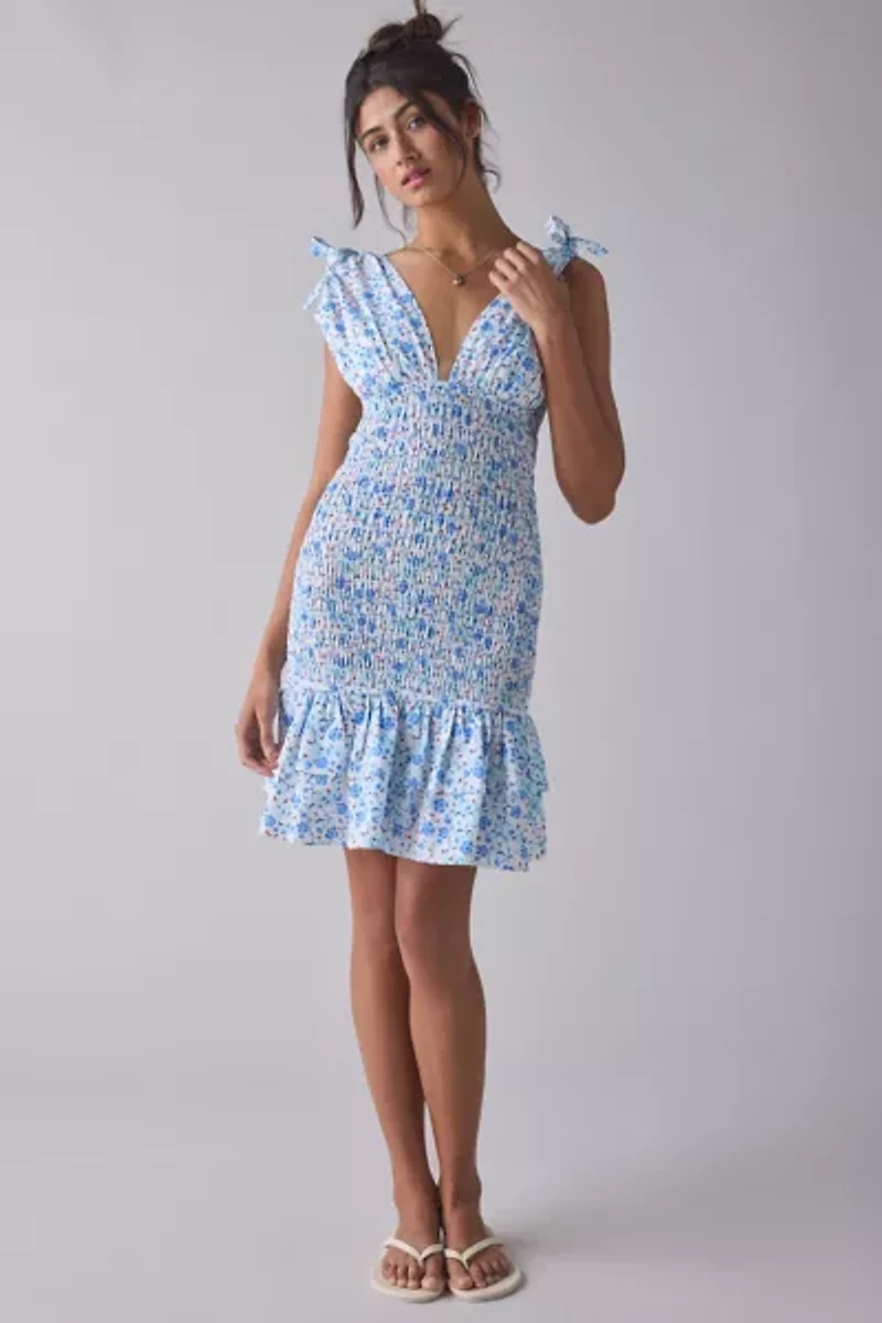 Glamorous Ditsy Floral Cotton Plunge Bow Strap Smocked Mini Dress