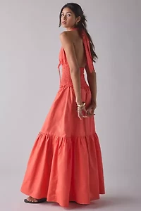 Glamorous Coral Plunge Halter Drop Waist Tiered Maxi Dress