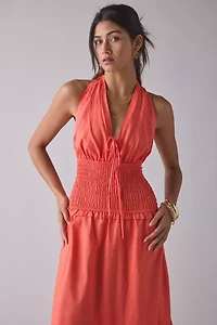 Glamorous Coral Plunge Halter Drop Waist Tiered Maxi Dress