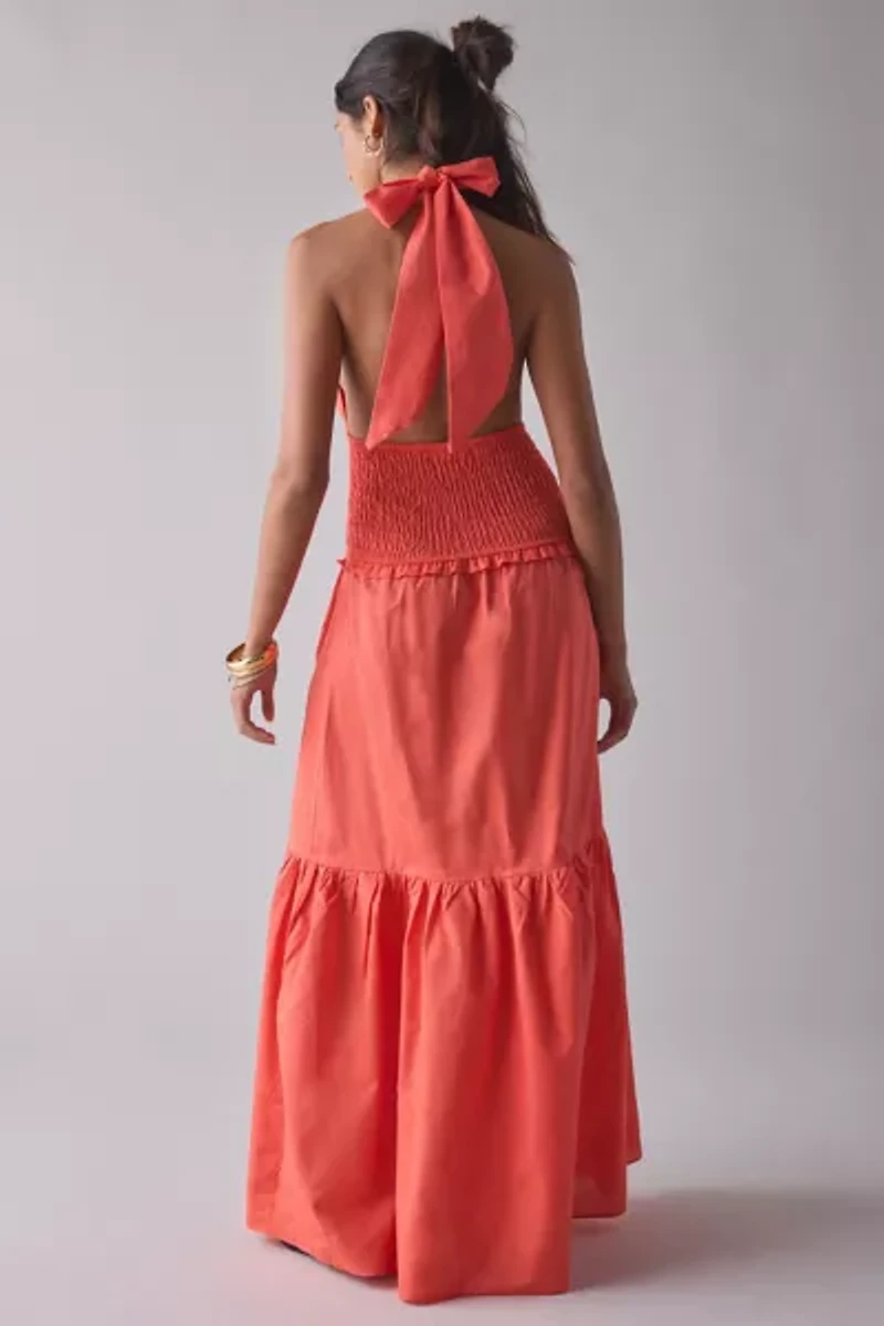 Glamorous Coral Plunge Halter Drop Waist Tiered Maxi Dress