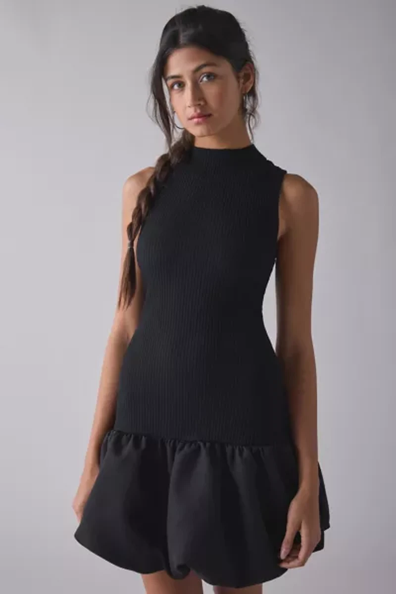 Glamorous High-Neck Drop Waist Bubble Hem Mini Dress