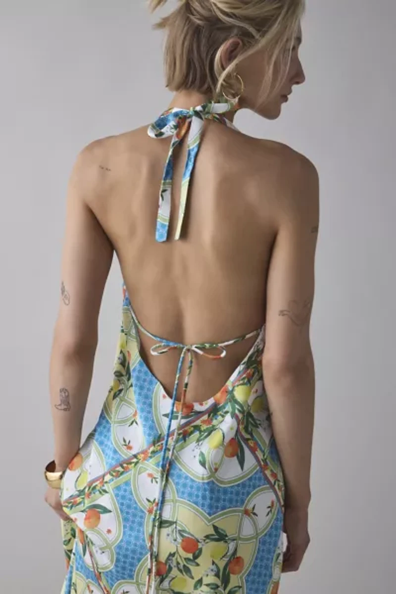Glamorous Tropical Scarf Print Satin Halter Slip Midi Dress