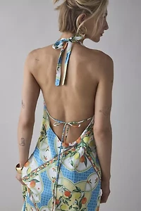 Glamorous Tropical Scarf Print Satin Halter Slip Midi Dress
