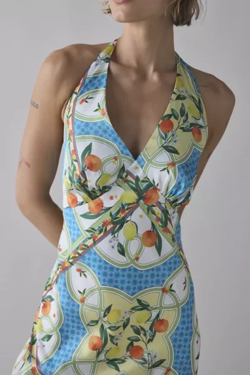Glamorous Tropical Scarf Print Satin Halter Slip Midi Dress