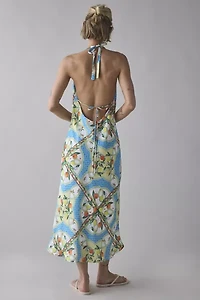 Glamorous Tropical Scarf Print Satin Halter Slip Midi Dress