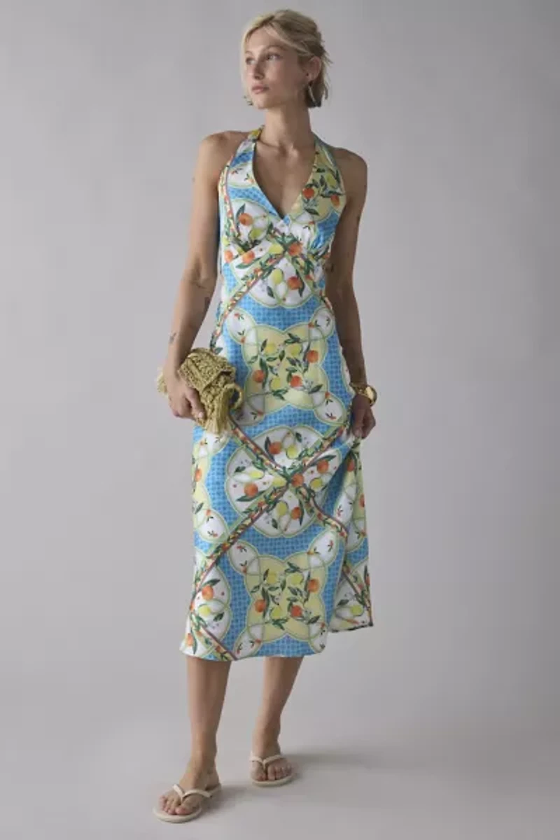 Glamorous Tropical Scarf Print Satin Halter Slip Midi Dress