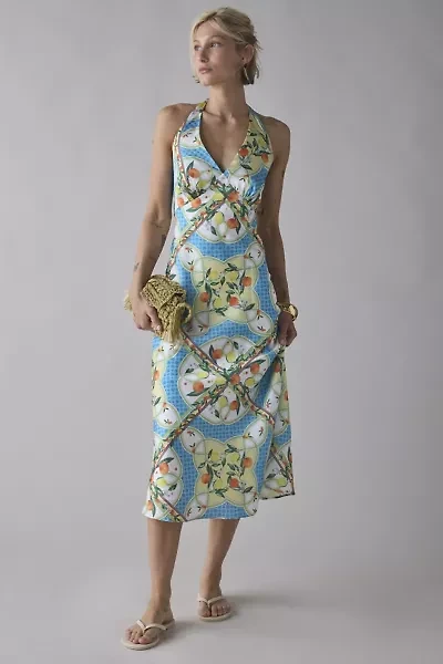 Glamorous Tropical Scarf Print Satin Halter Slip Midi Dress