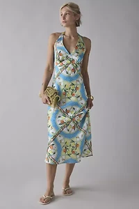 Glamorous Tropical Scarf Print Satin Halter Slip Midi Dress