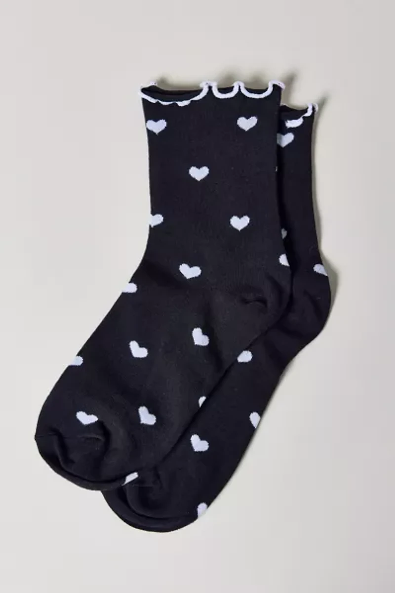 Heart Allover Print Lettuce Edge Crew Sock