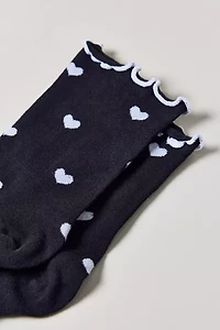 Heart Allover Print Lettuce Edge Crew Sock