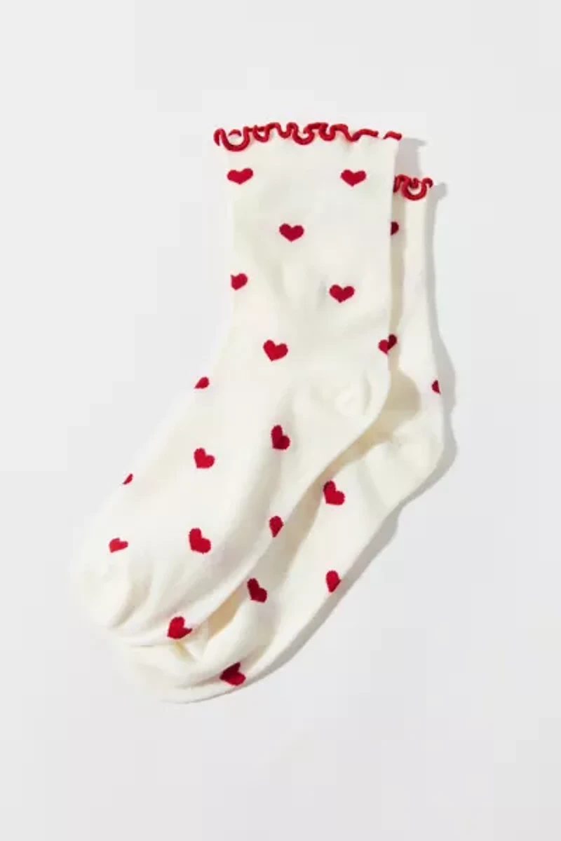 Heart Allover Print Lettuce Edge Crew Sock