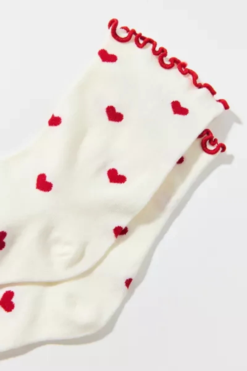Heart Allover Print Lettuce Edge Crew Sock