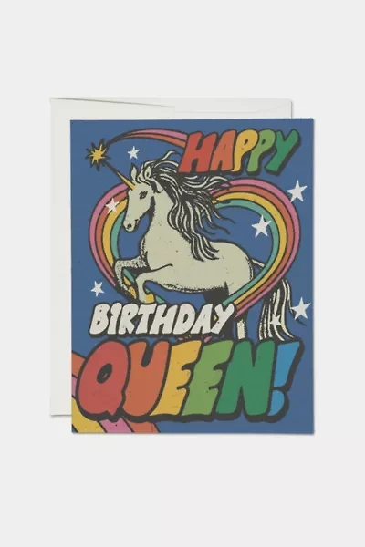 Red Cap Unicorn Queen Birthday Greeting Card