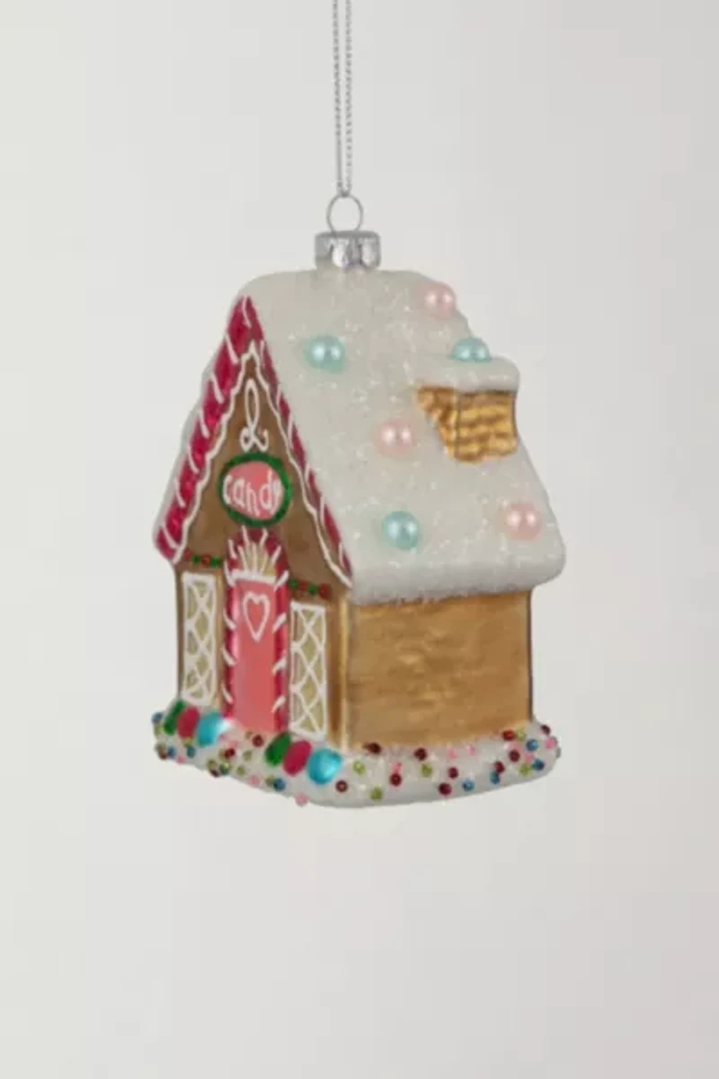 Glittered Gingerbread House Glass Christmas Ornament