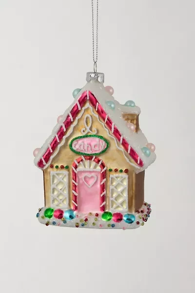 Glittered Gingerbread House Glass Christmas Ornament