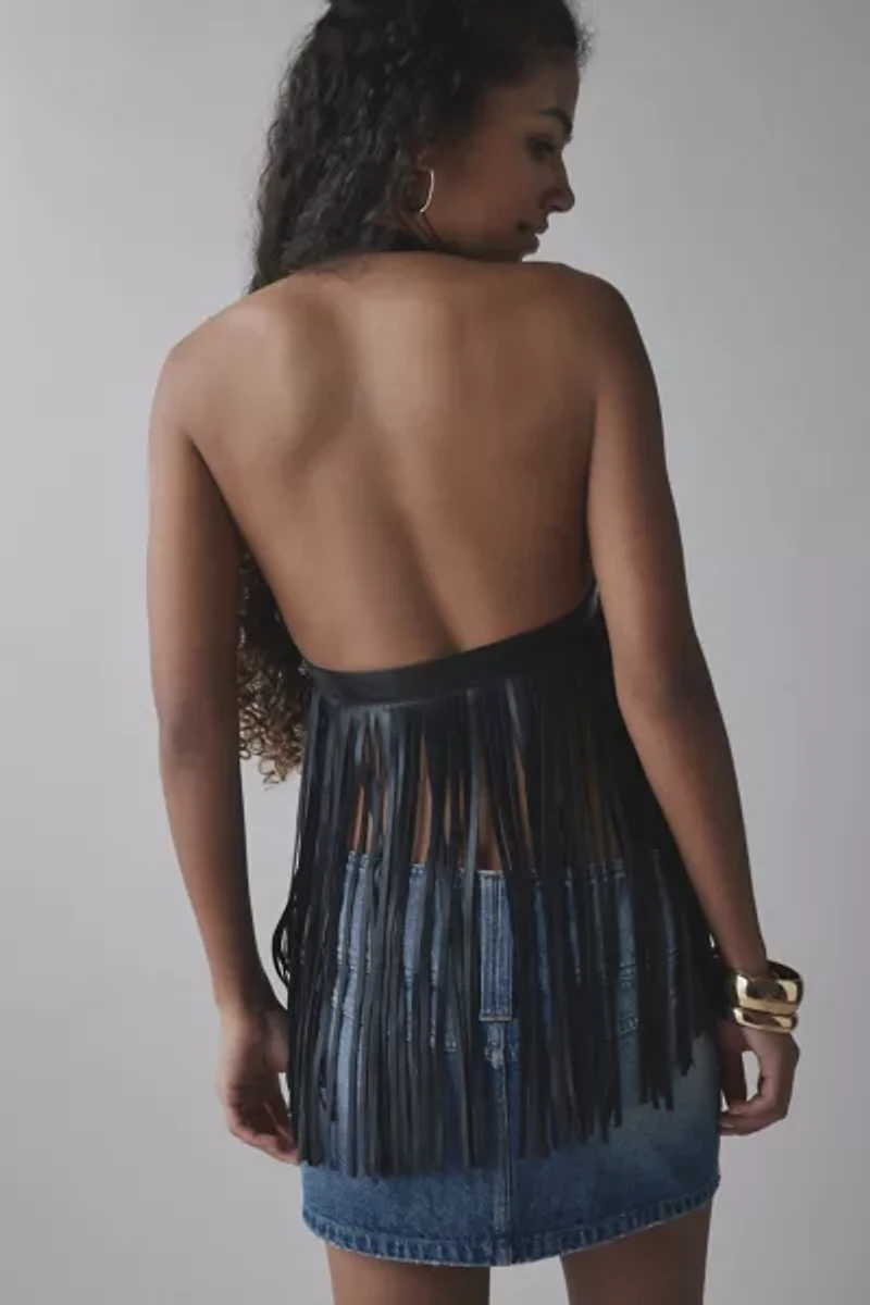 UO Gabriette Fringe Tie-Front Faux Leather Halter Top