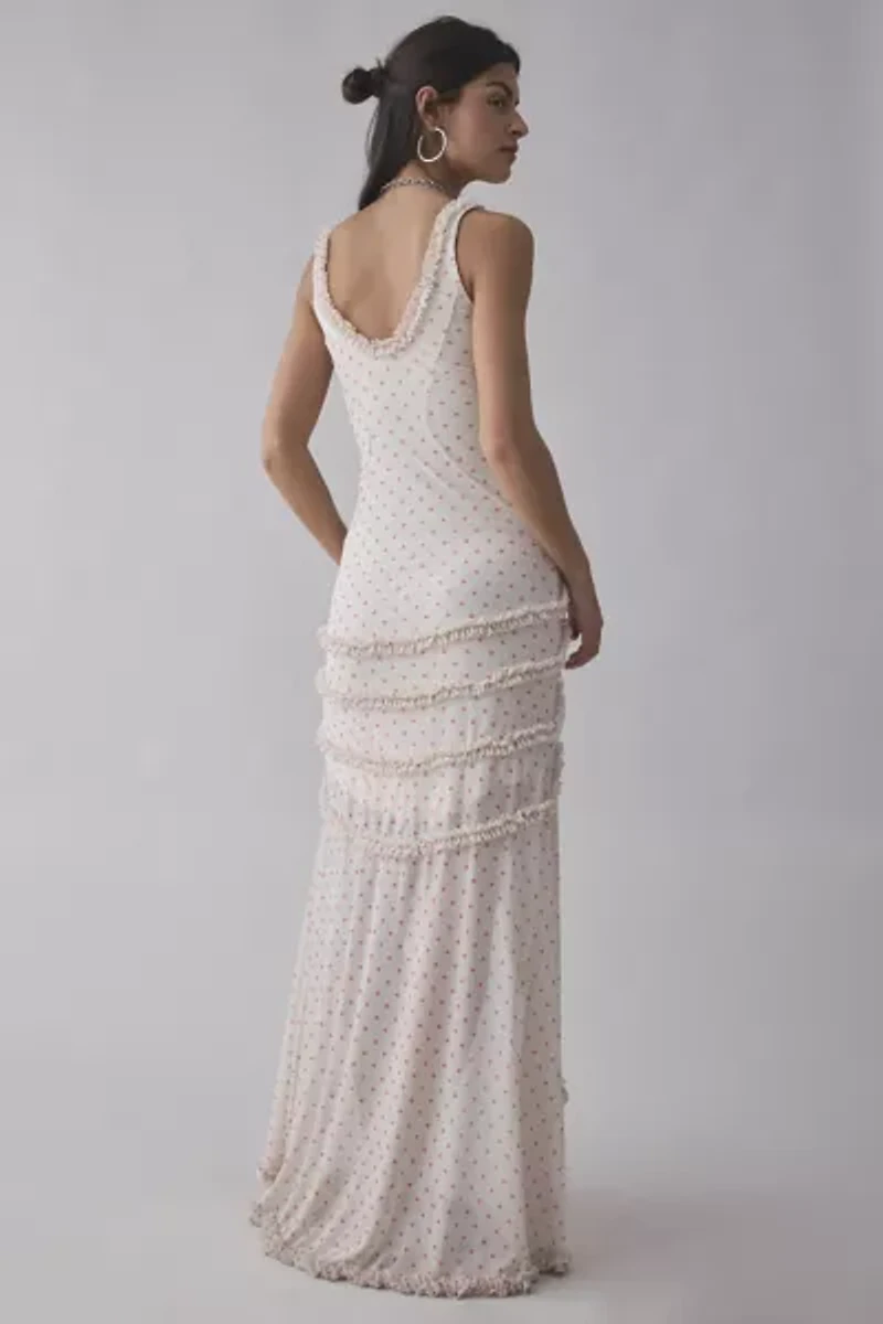 AFRM Landa Polka Dot Mesh Ruffle-Trim Maxi Dress