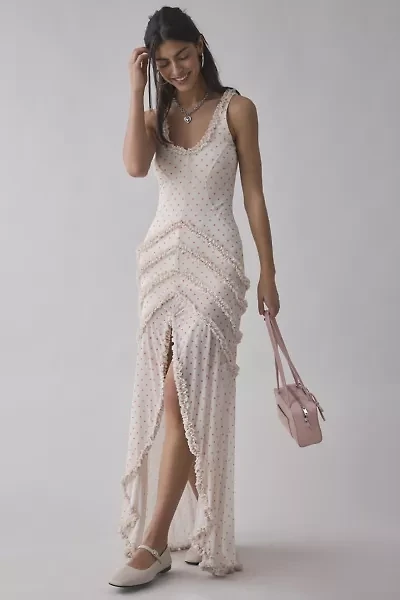 AFRM Landa Polka Dot Mesh Ruffle-Trim Maxi Dress