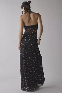 AFRM Britta Ruched Mesh Y-Neck Halter Maxi Dress