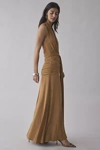 AFRM Heidi Ruched Plunge Halter Maxi Dress