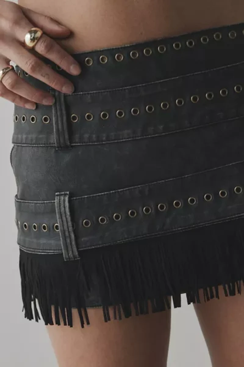 Jaded London Odile Faux Leather Belted Fringe Micro Skirt