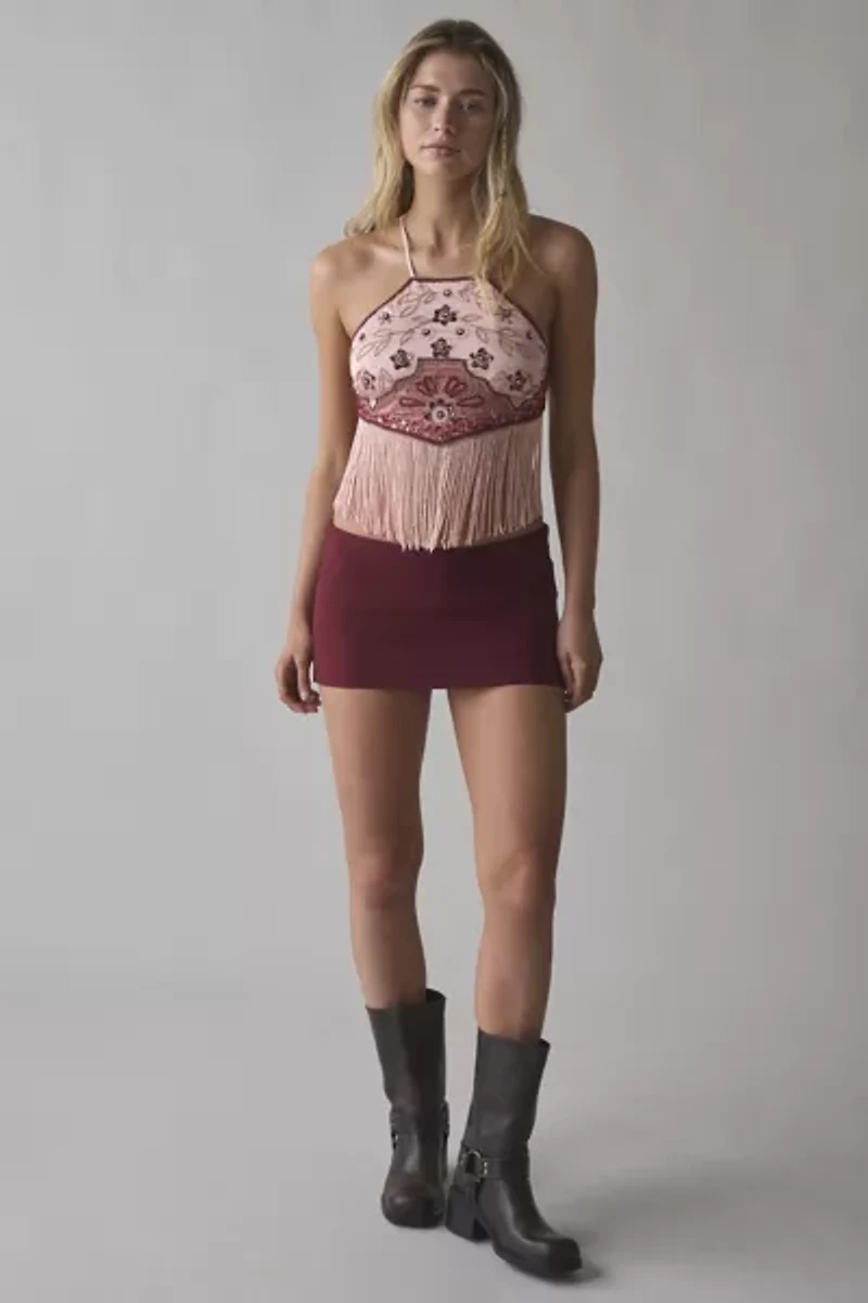UO Zolli Embroidered Open-Back Fringe Halter Top