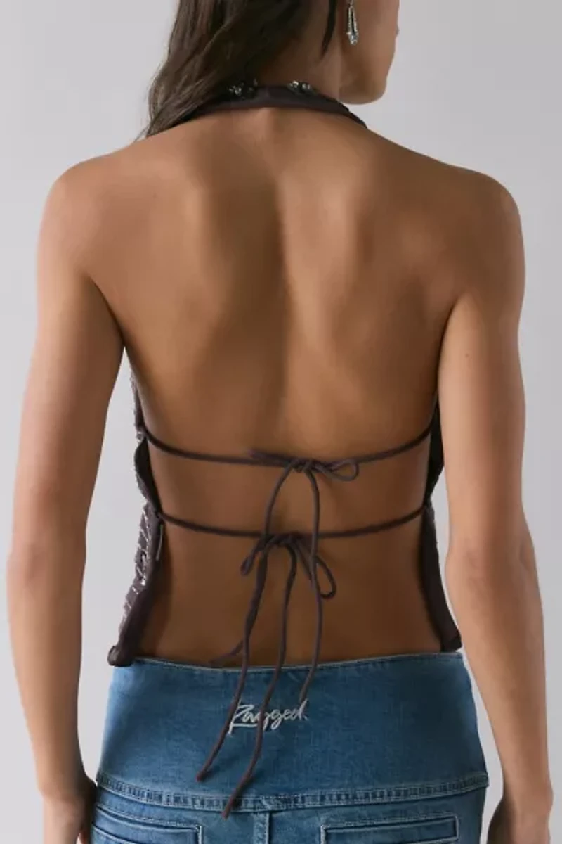 UO Carmellia Embellished Split-Front Flyaway Halter Top