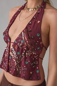 UO Carmellia Embellished Split-Front Flyaway Halter Top