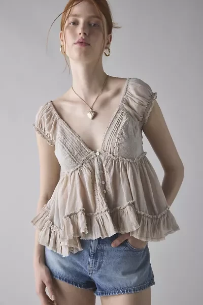 Kimchi Blue Izzy Lace Trim Button-Front Babydoll Blouse
