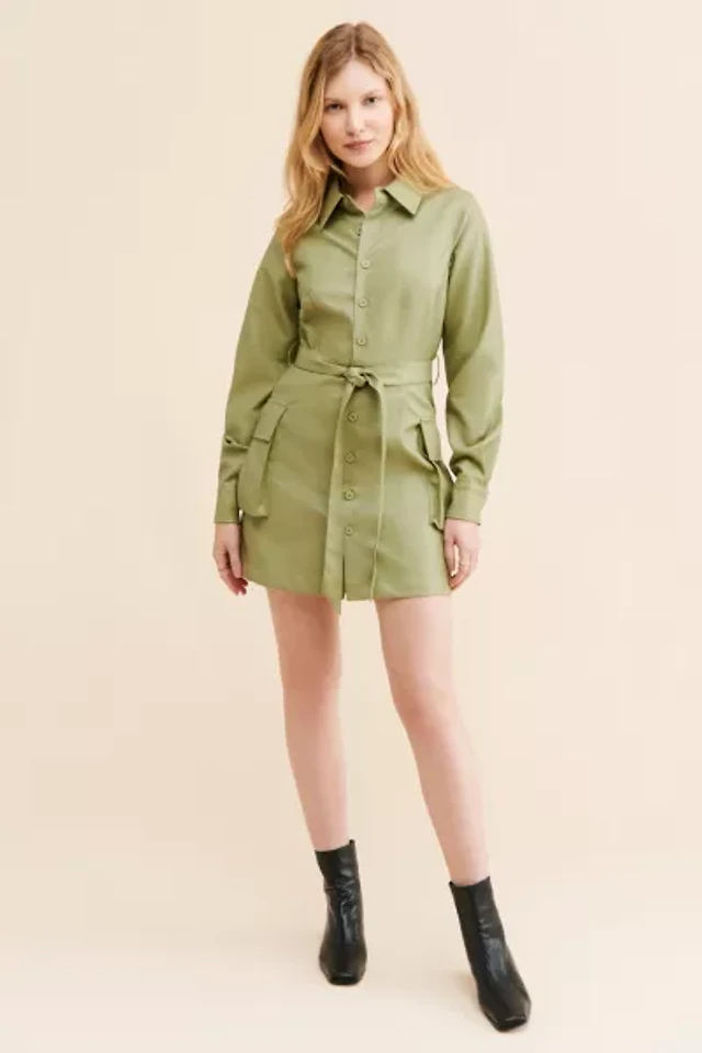 the tommie vegan leather front zip mini shirt dress Tommie Faux Leather Front-Zip Mini Shirtdress by Anthropologie in Black, Size: Large