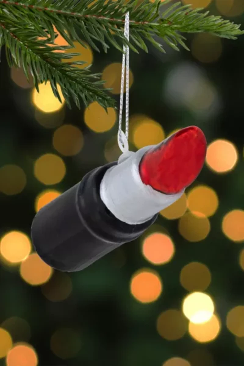 Black and Red Lipstick Glass Christmas Ornament