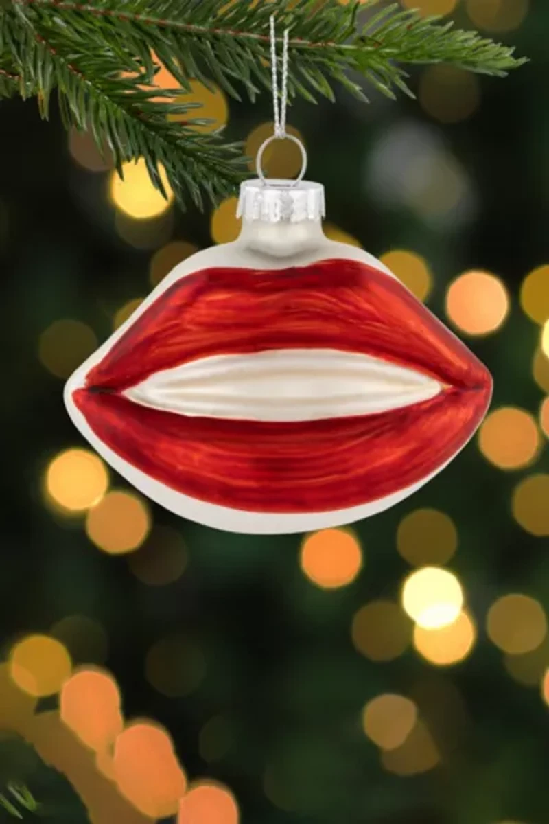 Bright Red Lips Glass Christmas Ornament