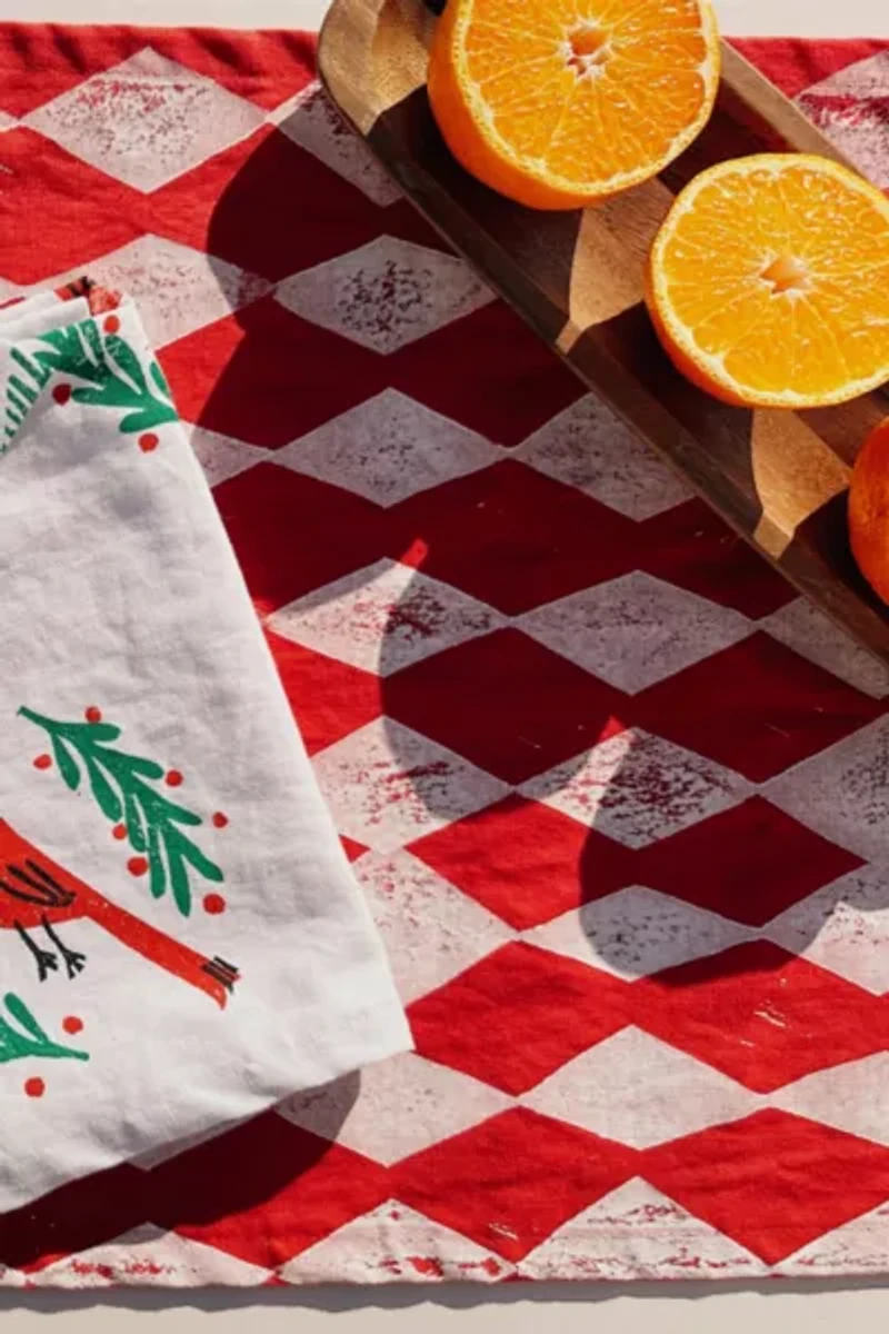 Julie Peach Block Printed Diamonds Table Runner