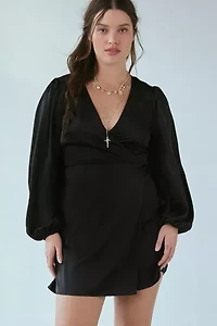 Glamorous Black Satin Long Sleeve Wrap Mini Dress