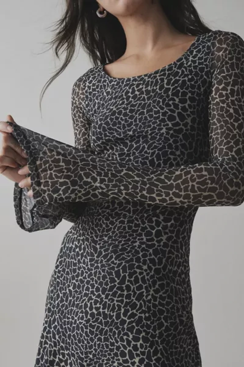 Motel Sartika Giraffe Print Mesh Bell Sleeve Mini Dress
