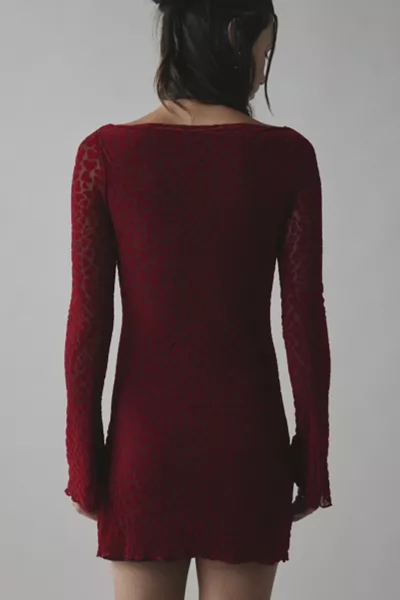 Motel Selvia Heart Flocked Mesh Bell Sleeve Mini Dress