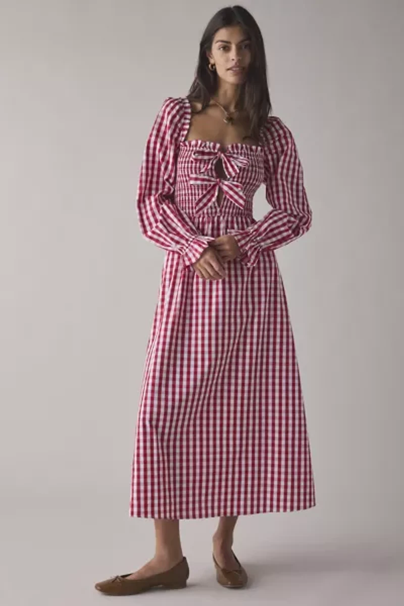 Glamorous Cherry Gingham Tie-Front Bow Smocked Midi Dress