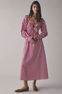 Glamorous Cherry Gingham Tie-Front Bow Smocked Midi Dress