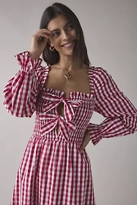 Glamorous Cherry Gingham Tie-Front Bow Smocked Midi Dress