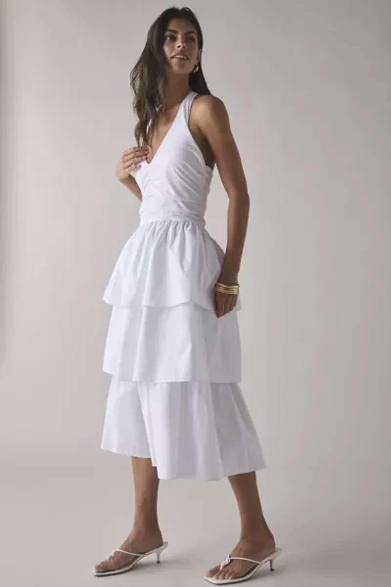 Glamorous Tiered Ruffle Cotton Halter Midi Dress
