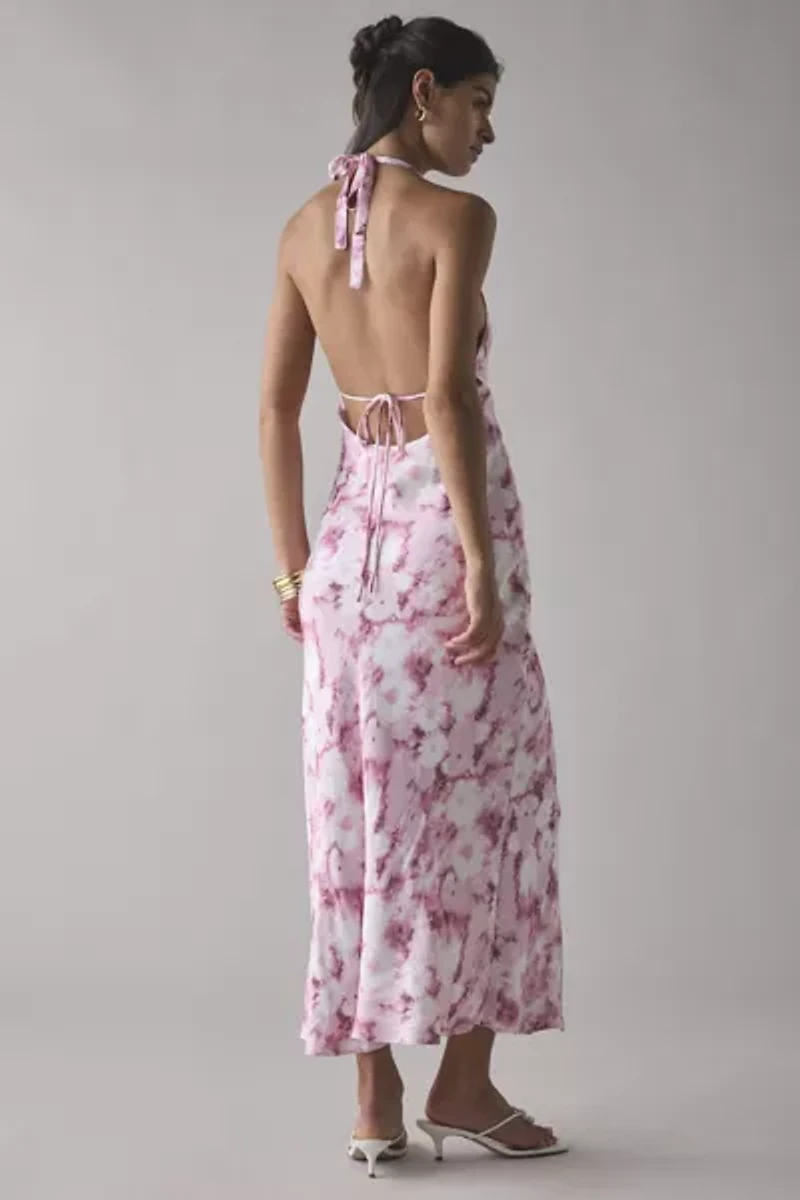 Glamorous Pink Blur Daisy Satin Tie-Back Halter Midi Dress