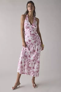 Glamorous Pink Blur Daisy Satin Tie-Back Halter Midi Dress