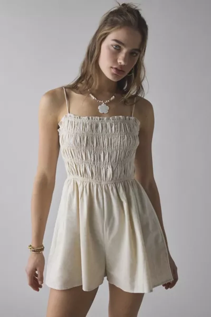 Glamorous Cotton-Linen Blend Ruffle Trim Smocked Romper